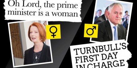 Picture of newspaper headline cut outs 'Oh Lord, the prime minister is a woman' and Turnbull's first day in charge. Includes pictures of Julia Gillard and Malcolm Turnbull.